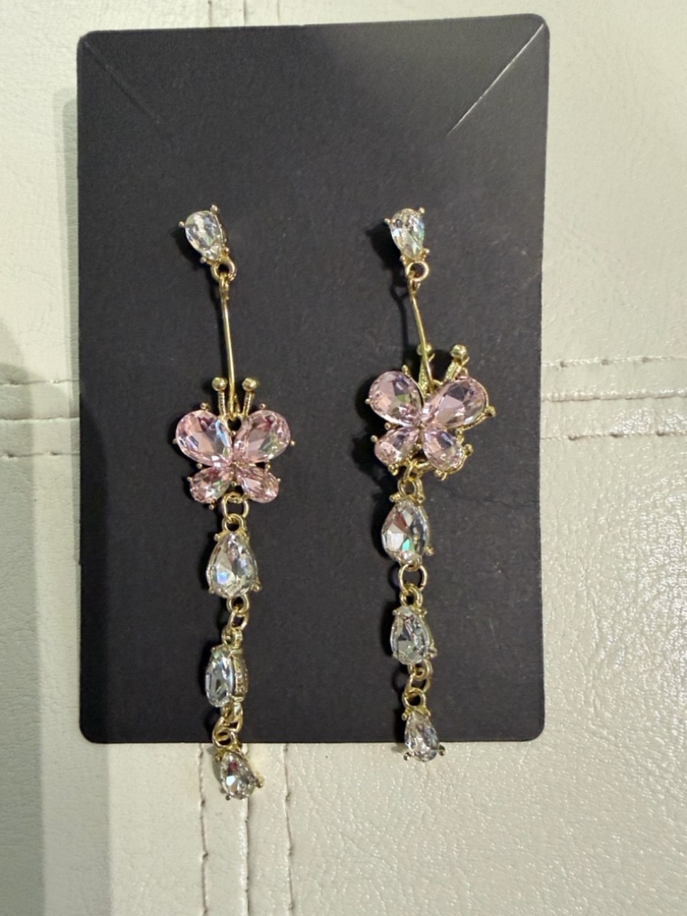 Gold-Tone Pink Crystal Butterfly Drop Earrings